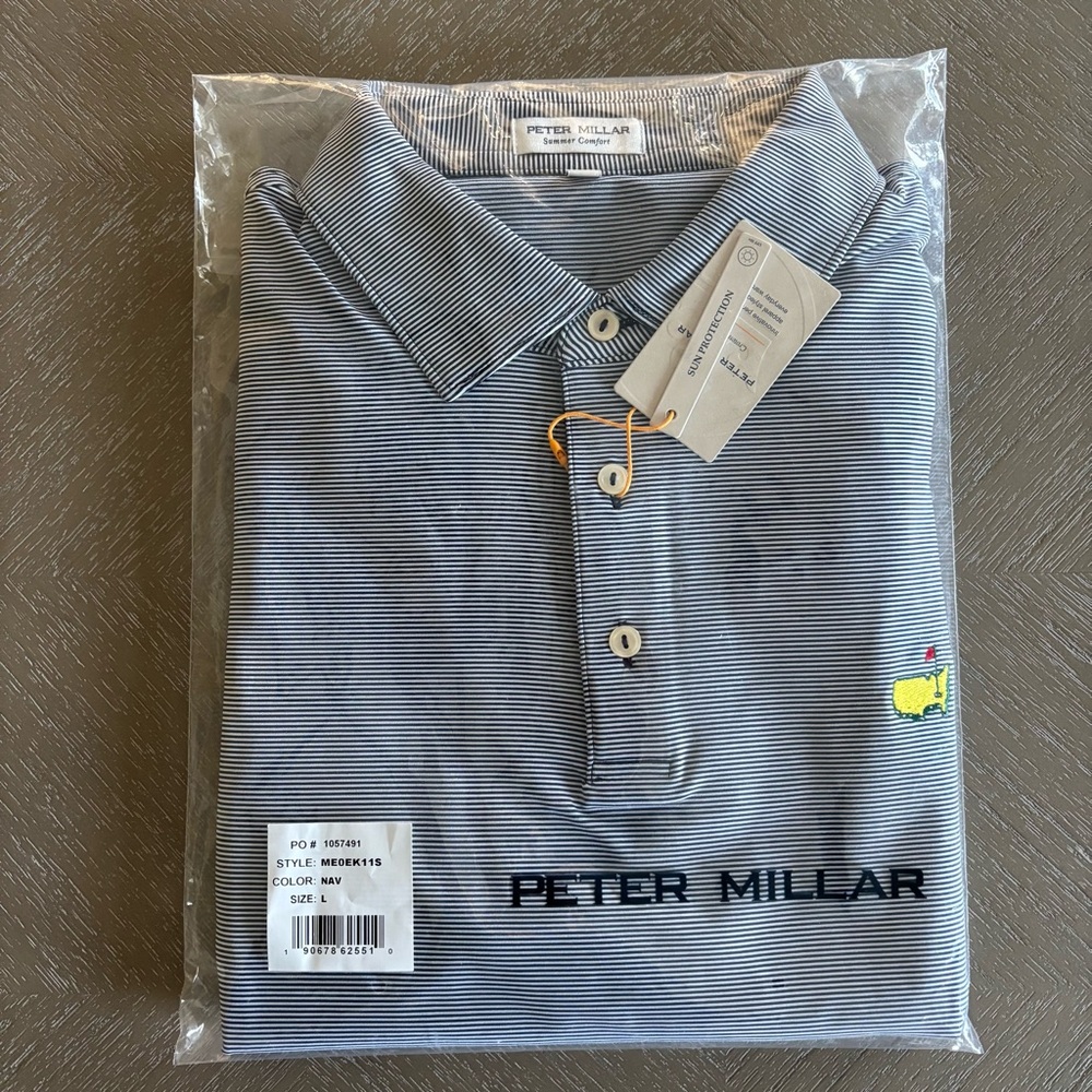 NWT 2025 Masters Golf Peter Millar Men's Blue Striped Polo Shirt Sz Large